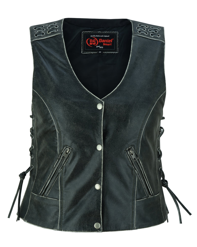 DS285V Women's Gray Vest with Grommet and Lacing Accents Women's Vests Virginia City Motorcycle Company Apparel 