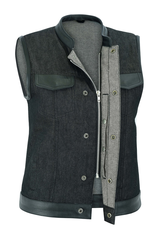 DM963 Women's Rough Rub-Off Raw Finish Denim Vest W/Leather Trim Women's Vests Virginia City Motorcycle Company Apparel 