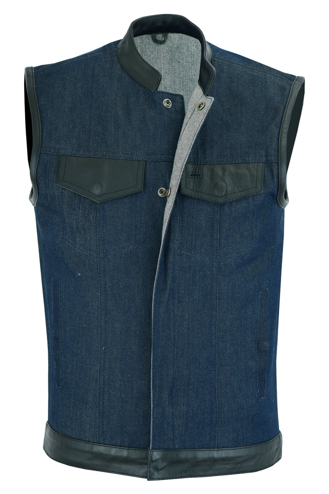 DM961 Men's Broken Blue RoughRub-Off Raw Finish Denim Vest W/Leather Men's Vests Virginia City Motorcycle Company Apparel 