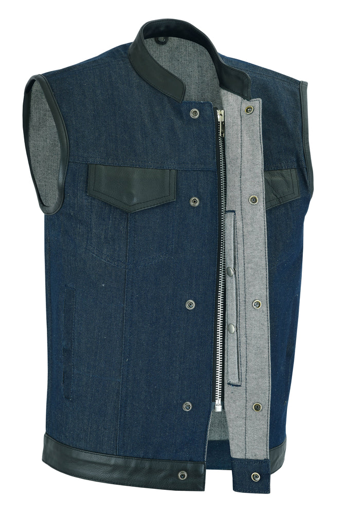 DM961 Men's Broken Blue RoughRub-Off Raw Finish Denim Vest W/Leather Men's Vests Virginia City Motorcycle Company Apparel 