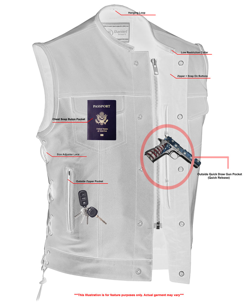 DS178 Upgraded Style Gun Pockets, Hidden 10" Gun Metal Zipper Men's Vests Virginia City Motorcycle Company Apparel 