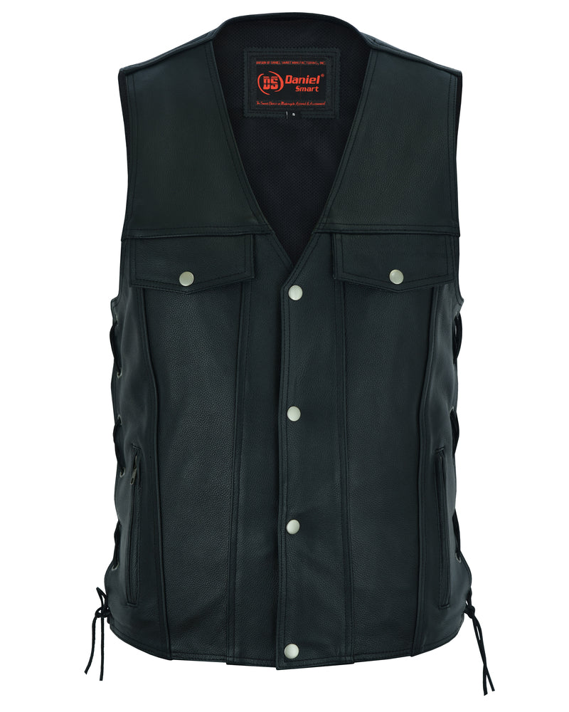 DS124 Men's Black Leather Vest with Side Laces and Gun Pockets Men's Vests Virginia City Motorcycle Company Apparel 