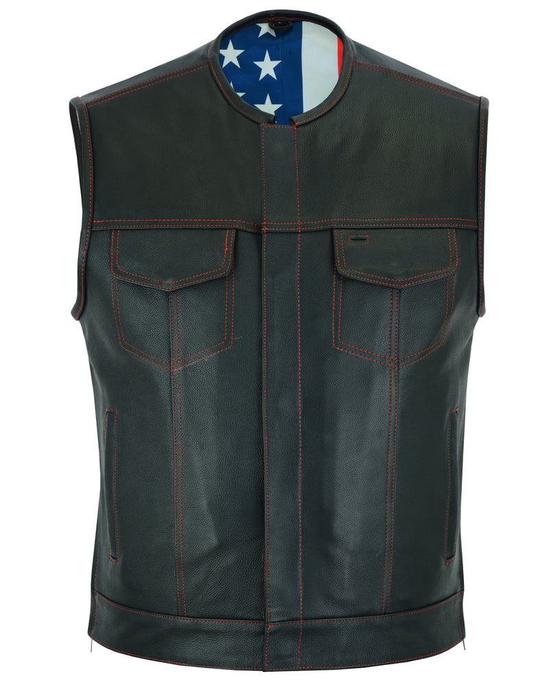 DS155 Men's Leather Vest with Red Stitching and USA Inside Flag Linin Men's Vests Virginia City Motorcycle Company Apparel 