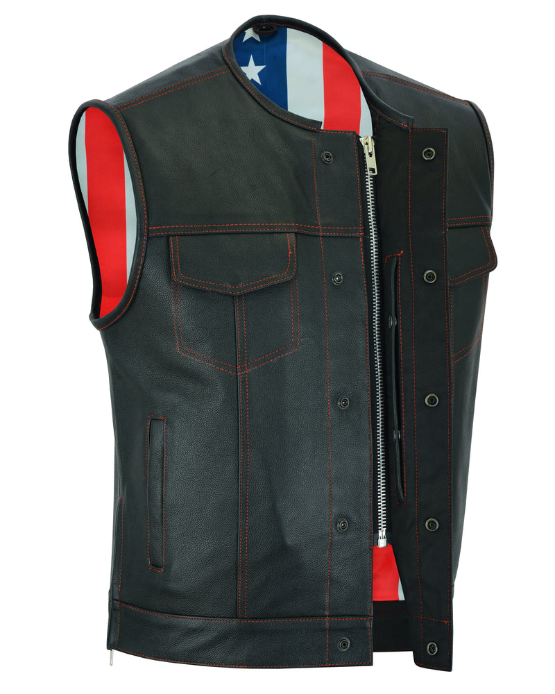 DS155 Men's Leather Vest with Red Stitching and USA Inside Flag Linin Men's Vests Virginia City Motorcycle Company Apparel 