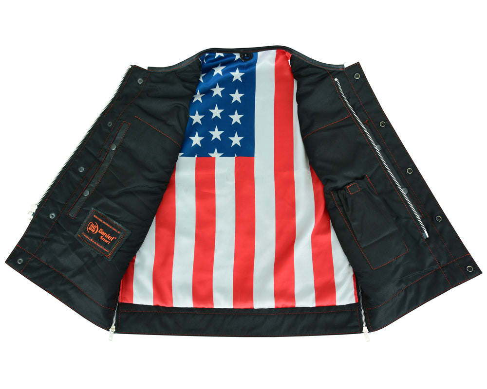 DS155 Men's Leather Vest with Red Stitching and USA Inside Flag Linin Men's Vests Virginia City Motorcycle Company Apparel 