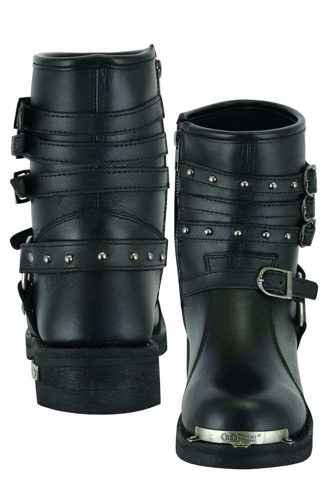 DS9767 Women's 9 Inch Black Triple Buckle Leather Harness Boot Women's Motorcycle Boots Virginia City Motorcycle Company Apparel 