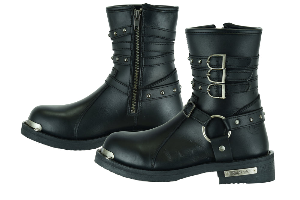 DS9767 Women's 9 Inch Black Triple Buckle Leather Harness Boot Women's Motorcycle Boots Virginia City Motorcycle Company Apparel 
