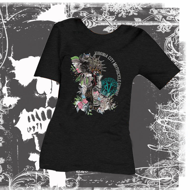 Metal + Flower Ladies Short-Sleeve Skull T-Shirt Ladies T-Shirt Virginia City Motorcycle Company Apparel 